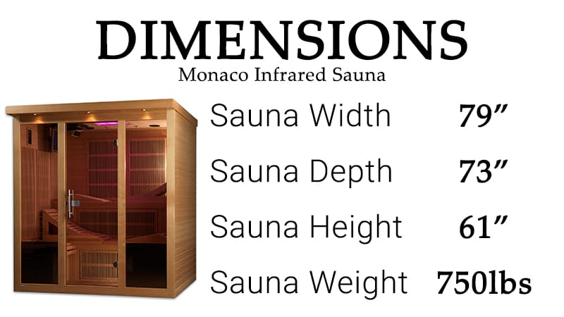 Sauna dimensions diagram indicating exterior and interior sizes.
