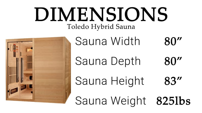 Sauna dimensions diagram with exterior and interior measurements.