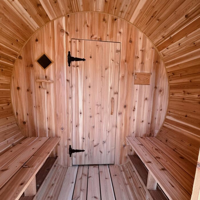 Western red cedar barrel sauna and cold plunge bundled on utility trailer