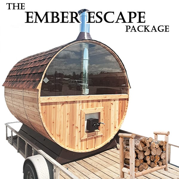 ember escape _ main pic 2 Ember Escape Portable Sauna Package | Cedar Barrel on Trailer - Image 1