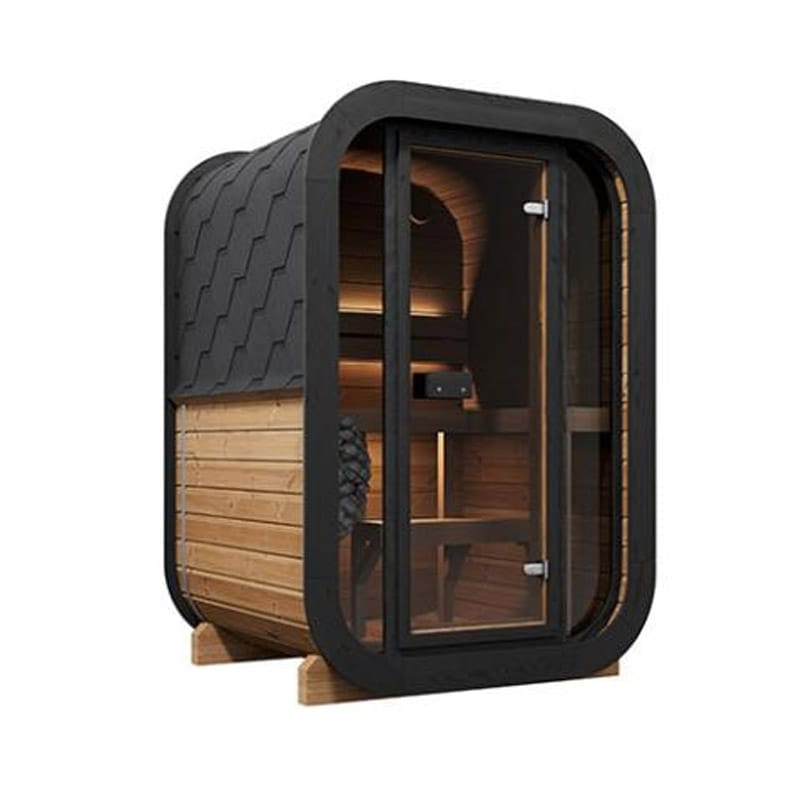 cube sauna _ model CL3G _ main pic 1 Two-person cube sauna with Thermo-Spruce exterior set in a modern backyard