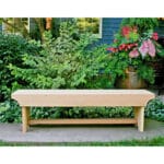 Detail close-up of bench legs and hardware on 5' Cedar 1805 Traditional Heavy Duty Bench, featuring zinc-plated steel and sustainable wood in wooden bench design