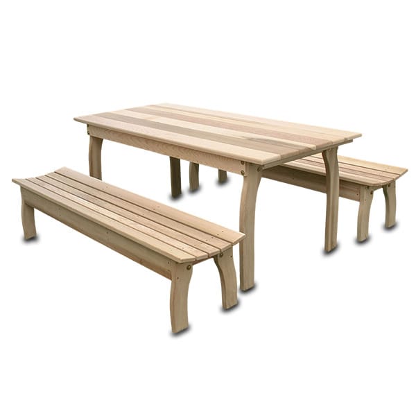 3 piece family dining set - Main Pic 1 Front view of Cedar Three Piece Family Dining Set, a cedar table from Western Red Cedar with picnic-style table and two detached benches for family outdoor meals.