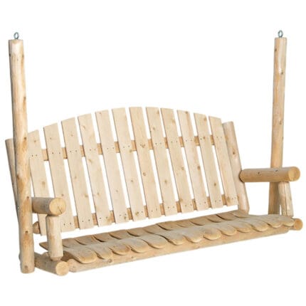 Cedar log porch swing in garden setting