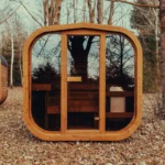 cube sauna with panoramic front window