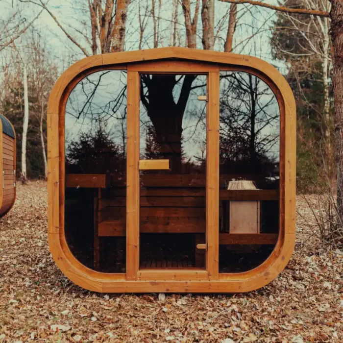 cube sauna with panoramic front window