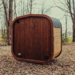 outdoor modern sauna cube installed on patio