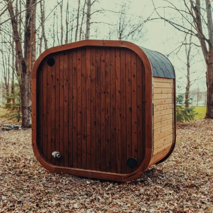 outdoor modern sauna cube installed on patio