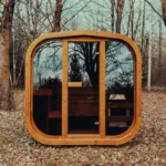 modern cube sauna with dark wood accents