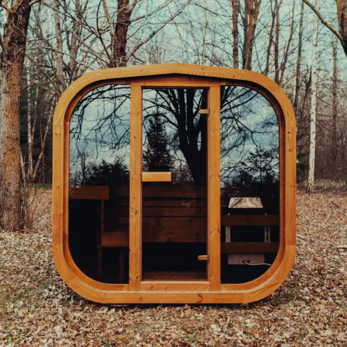 modern cube sauna with dark wood accents