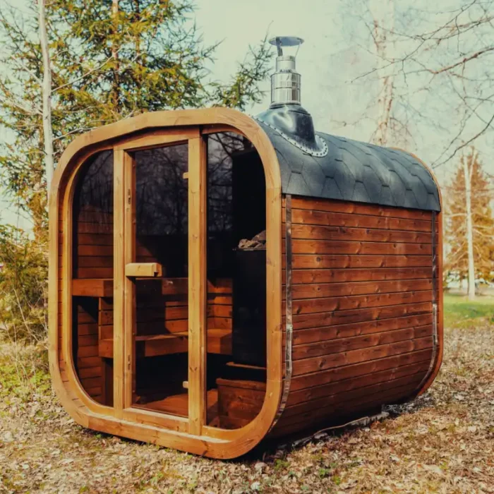 Wooden sauna bench with ergonomic support