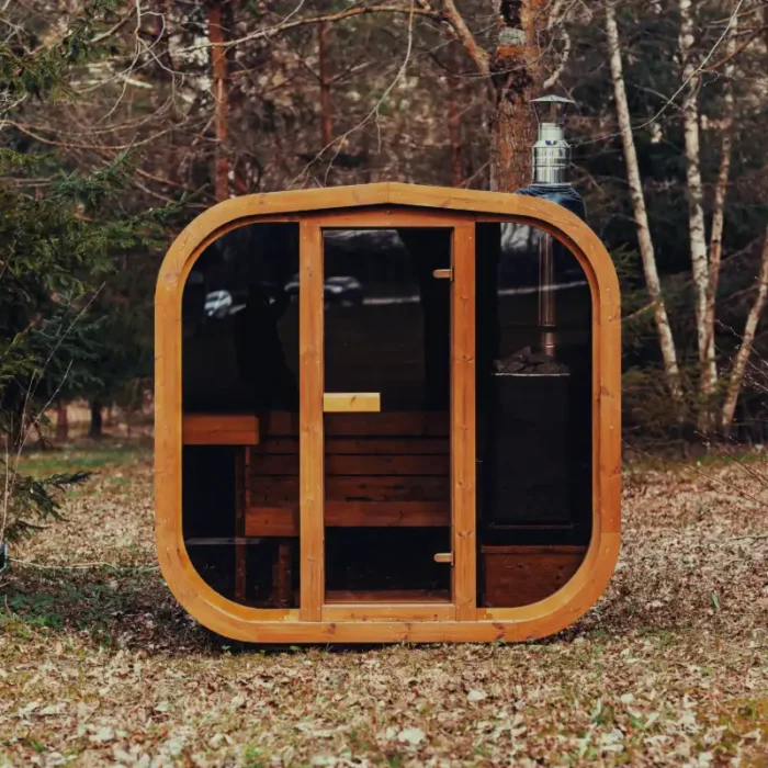 Front view of assembled MW20 sauna with tempered glass door