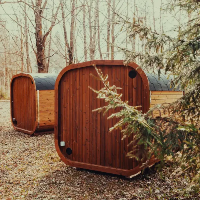 MW20 sauna with sleek black trim and natural wood finish