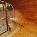 Close-up of tempered glass window on sauna door