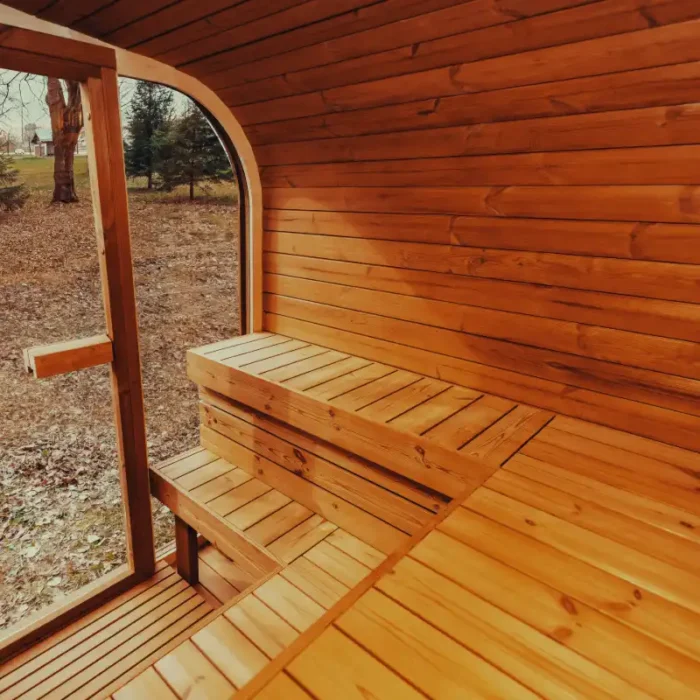 Close-up of tempered glass window on sauna door