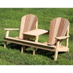 Close-up of center table and hardware on Cedar Adirondack Settee, emphasizing smooth contours and zinc-plated steel in robust adirondack chair construction.