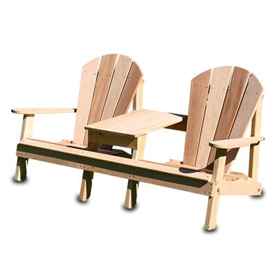 Front view of Cedar Adirondack Settee, a two-seater adirondack chair from Western Red Cedar with integrated center table and sloped back for shared outdoor lounging.