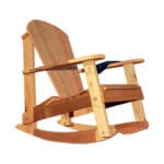 Front view of Cedar Adirondack Rocking Chair, an adirondack rocking chair from Western Red Cedar with sloped back, wide arms, and gentle rocker for calming outdoor relaxation