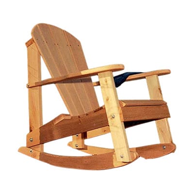 Front view of Cedar Adirondack Rocking Chair, an adirondack rocking chair from Western Red Cedar with sloped back, wide arms, and gentle rocker for calming outdoor relaxation