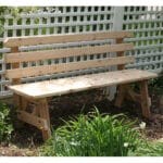 Close-up detail of Cedar Backed Bench seat and hardware, highlighting rust-resistant zinc-plated steel and smooth edges in solid wood bench outdoor