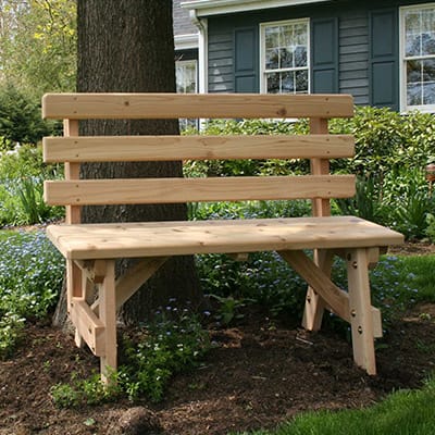 Side angle of resilient Cedar Backed Bench, showcasing weather-proof Western Red Cedar build and supportive backrest in this wood bench outdoor for decks