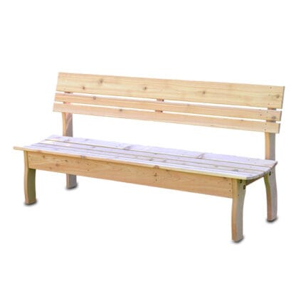 Front view of Red Cedar Chickadee Backed Bench, a cedar bench with chickadee motif on backrest, crafted from Western Red Cedar for outdoor durability and contoured seating.