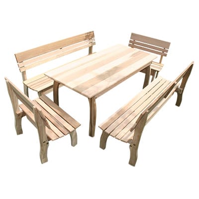 Front view of Cedar Chickadee Dining Set, cedar furniture from Western Red Cedar including rectangular table and four benches (two backed) for outdoor group dining.