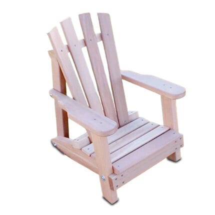 Side view of durable Cedar Child Adirondack Chair, highlighting contoured seat, caramel-glazed finish, and sturdy build in this child-sized wood patio furniture for backyards