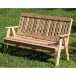 Front view of Cedar Countryside Garden Bench, an outdoor wood bench crafted from Western Red Cedar with contoured seat and back, available in 4ft size for garden seating