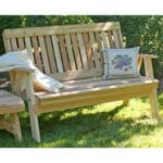 Side profile of durable Cedar Countryside Garden Bench, highlighting weather-resistant Western Red Cedar construction and ergonomic design for outdoor comfort.