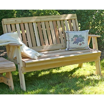 Side profile of durable Cedar Countryside Garden Bench, highlighting weather-resistant Western Red Cedar construction and ergonomic design for outdoor comfort.