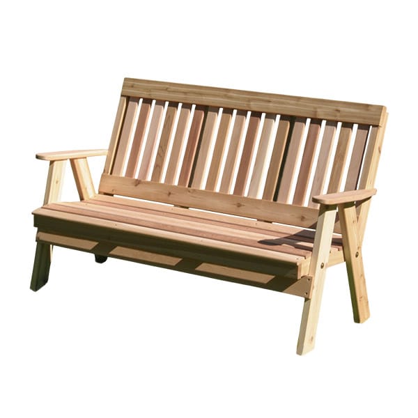 countryside garden bench _ main pic 1 Cedar Countryside Garden Bench in outdoor setting, showcasing natural honey-brown hue and rustic charm as a versatile outdoor wood bench for patios or lawns.