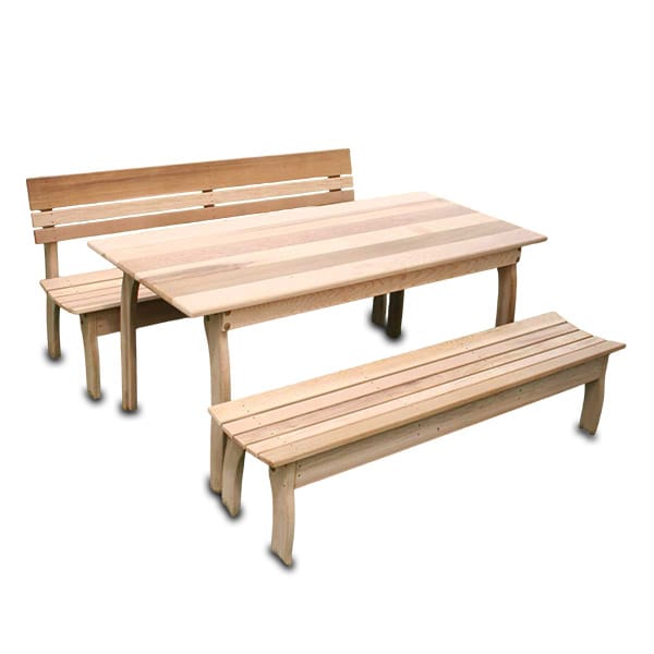 couples dining set _ main pic 1 Front view of Cedar Couple Dining Set, wooden outdoor furniture from Western Red Cedar including table and two backed benches for intimate dining.