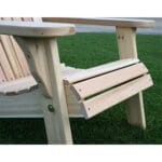 Close-up of armrest and hardware on Cedar American Forest Adirondack Chair, emphasizing zinc-plated steel and smooth grain in durable unfinished wood furniture.
