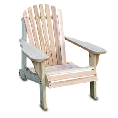 Front view of Cedar American Forest Adirondack Chair, unfinished wood furniture from Western Red Cedar with sloped back and wide armrests for classic outdoor lounging.