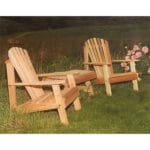 Side profile of the Cedar American Forest Adirondack Chair Collection, highlighting contoured seats, wide slats, and matching table in this outdoor adirondack chair ensemble
