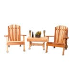 Front view of Cedar American Forest Adirondack Chair Collection, an outdoor adirondack chair set including two chairs and a side table from Western Red Cedar for coordinated patio setups