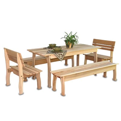 Front view of Cedar Gathering Dining Set, a wood dining table from Western Red Cedar with rectangular table and four benches (two backed) for family outdoor meals.