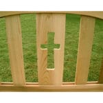 Side profile of durable Cedar Holy Cross Garden Bench, highlighting weather-resistant Western Red Cedar construction, holy cross design, and ergonomic backrest for outdoor comfort