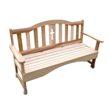 Front view of Cedar Holy Cross Garden Bench, solid wood furniture crafted from Western Red Cedar with inspirational holy cross motif and contoured seat, available in 4ft size for garden seating