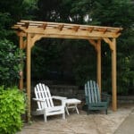 Side profile of durable Cedar New Dawn Pergola, highlighting rafter spacing, headroom, and weather-resistant construction in this wood pergola for patios.