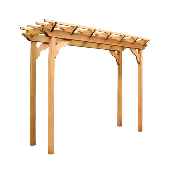 new dawn pergola _ main pic 1 Cedar New Dawn Pergola with climbing plants, highlighting natural patina potential and eco-friendly build for long-lasting wood pergola shade.