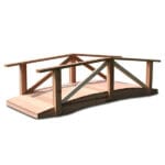 Front view of Cedar Pearl River Garden Bridge, a wood bridge crafted from Western Red Cedar with arched railings and laminated supports, available in 8ft span for scenic garden crossings