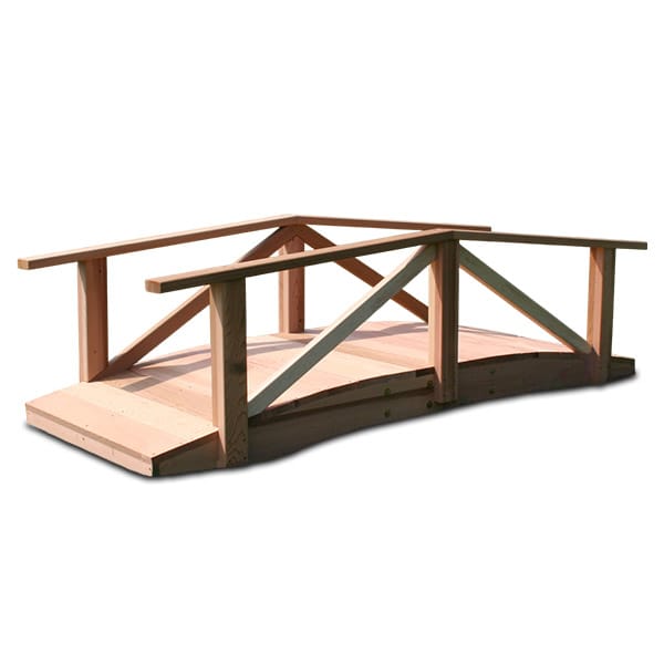 pearl garden bridge _ main pic 1 Front view of Cedar Pearl River Garden Bridge, a wood bridge crafted from Western Red Cedar with arched railings and laminated supports, available in 8ft span for scenic garden crossings