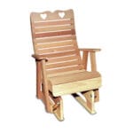 Front view of Cedar Royal Country Hearts Glider Chair, a wood glider from Western Red Cedar with heart carvings and high back for smooth, romantic gliding.
