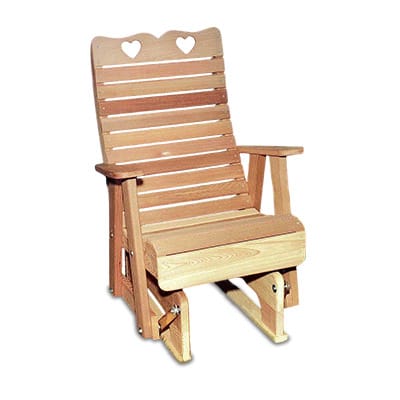 Front view of Cedar Royal Country Hearts Glider Chair, a wood glider from Western Red Cedar with heart carvings and high back for smooth, romantic gliding.