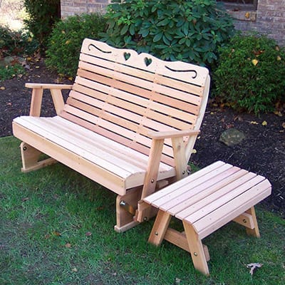 Overview of Cedar Royal Country Hearts Rocking Glider in various sizes, illustrating supportive frame and zinc-covered hardware for enduring wood glider rocker use.