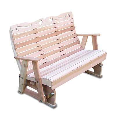 Front view of Cedar Royal Country Hearts Rocking Glider, a wood glider rocker from Western Red Cedar with heart carvings and high back for romantic gliding motion.