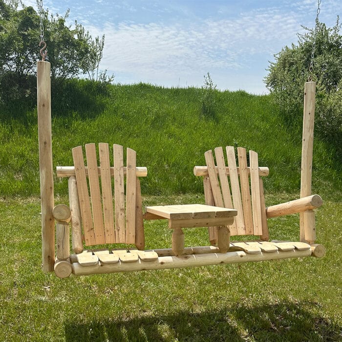 Front view of cedar tete-a-tete swing
