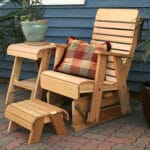 Overview of 2' Cedar Twin Ponds Rocking Glider, illustrating stable ground contact and ergonomic back for comfortable natural wood furniture gliding.